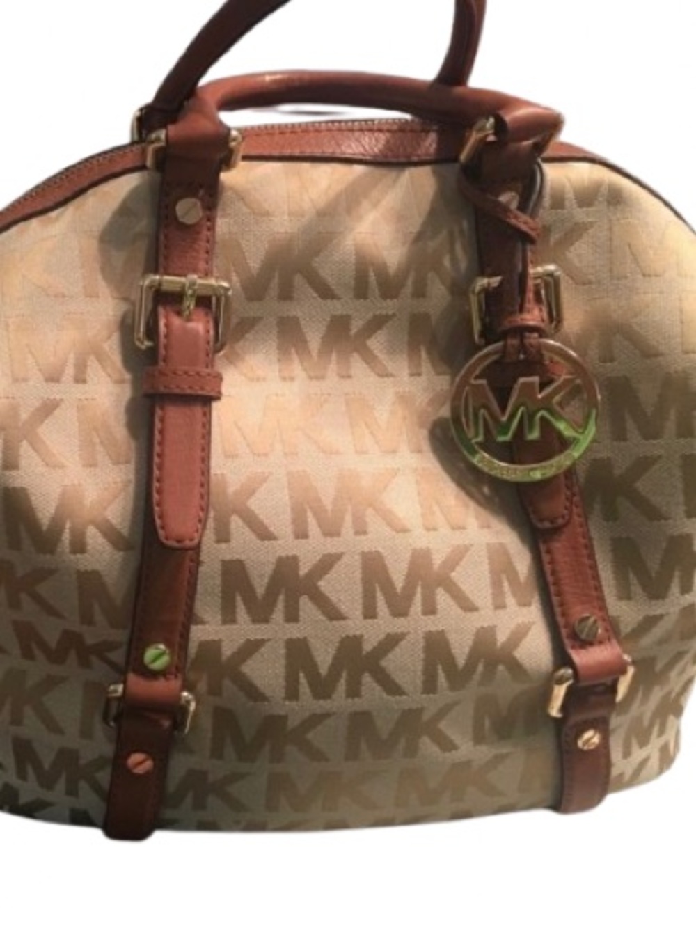 Michael Kors Beige Canvas & Brown Leather MK Satchel with Logo Charm